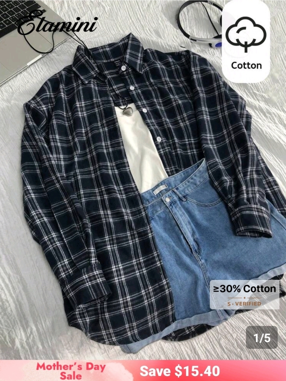 Womans  Navy Plaid Cotton Button-Up Shirt